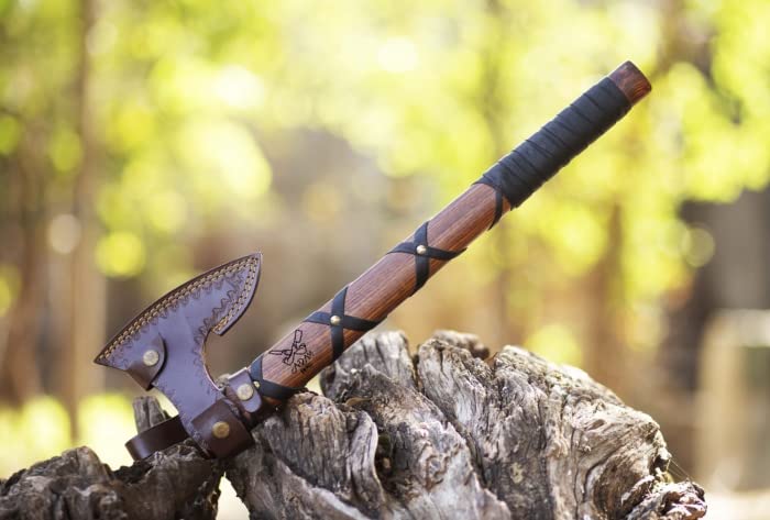 ADAM KNIVES Handmade Gift Forged Carbon Steel Viking Axe, Camping Hatchet with Rose Wood Shaft (Ragnar Axe)