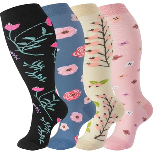 Plus Size Compression Socks for Women & Men - 20-30 mmHg Wide Calf Support - Grey Pink Flower 3X-Large 4 Pack