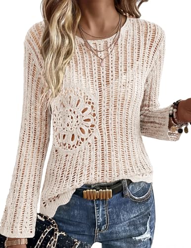 Ekouaer Women's Crochet Beach Cover Up - Floral Hollow Out Summer Sweater, Medium Beige