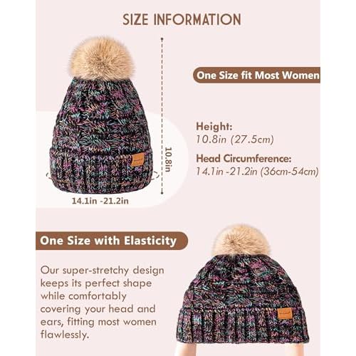 Winuesa Winter Hats for Women with Pom Pom, Womens Beanie Fleece Lined for Cold Weather, Multicolor Ski Skull Cap for Ladies