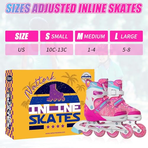 Kids Adjustable Inline Skates Pink Large US 5-8 with Light Up Wheels