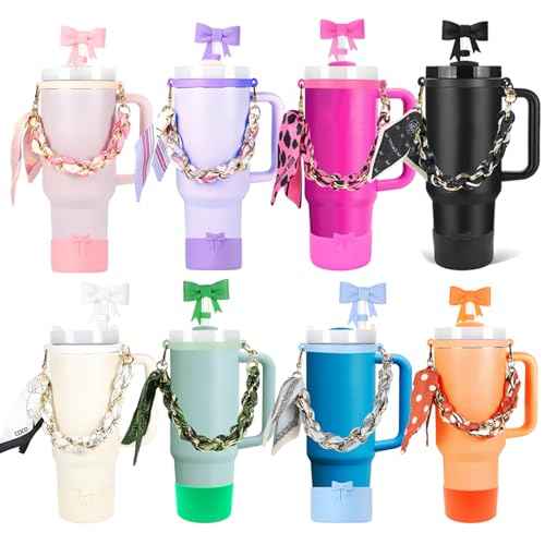 Stanley Cup Accessories Set, Bow Straw Toppers, Water Bottle Handle Strap, Straw Cover Boots for Stanley, Silicone Straw Toppers for Tumblers, Bow Cup Accessories for 20&30&40Oz (Black)