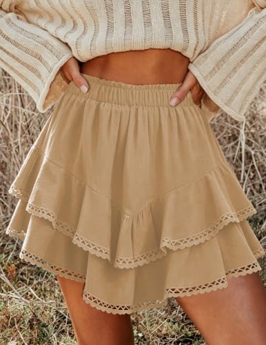 Medium Khaki Boho Ruffle Skirts for Women Tiered Mini Skirt - Rorzain