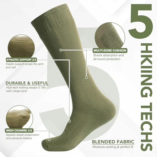 Men's Hiking Socks - Tactical Over-the-Calf Work Boot Socks 4 Pack, Green, Large