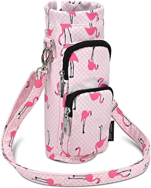 Betsey Johnson Insulated Water Bottle Pouch Holder Carrier Crossbag with Adjustable Shoulder Strap - Lightweight Polyester Accessories with Pockets Good for Hiking Travelling Sports (Flamingo Strut)