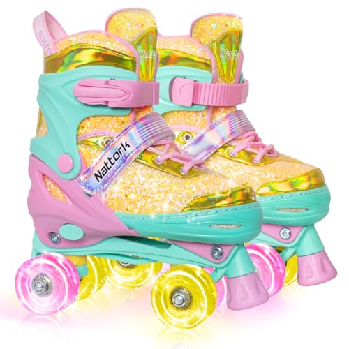Kids Adjustable Roller Skates for Girls with Light-Up Wheels - Macarons / Medium(1-4)