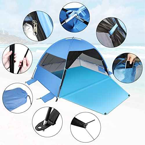 Large 3-4 Person Beach Tent - UPF 50+ Anti-UV, Easy Setup with Extended Floor & Mesh Windows, Portable for Camping Fishing (Blue)