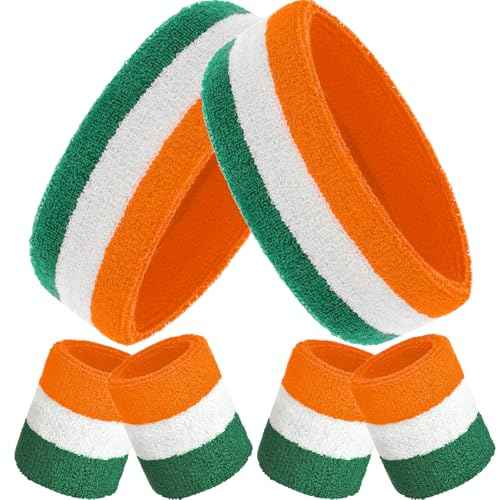 Bememo 6 Pcs Neon Sweatbands Set for Men Women 80s Tennis Striped Headband Sports Wristband Set Costumes Glow Cosplay Party