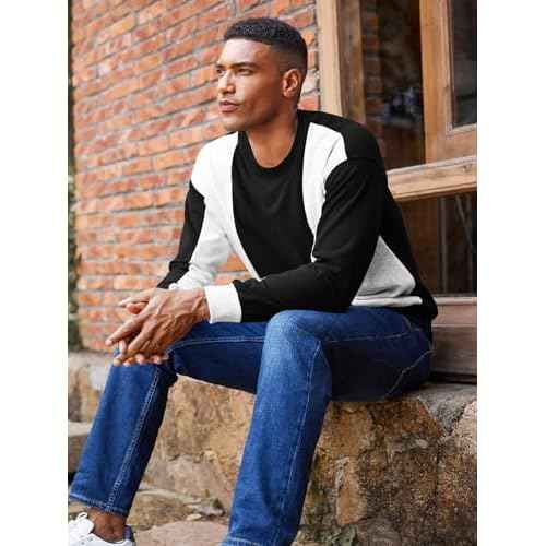 Runcati Mens Color Block Sweatshirt Pullover Crewneck Long Sleeve Fleece Casual Ribbed Patchwork Fall Tops