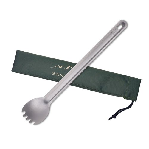 SANTTA Long Handle Titanium Spork, 8 1/2 Inch Lightweight Spoon & Fork Combo Utensil with Bag for Backpacking Fishing Hiking Bushcrafting Camping Traveling