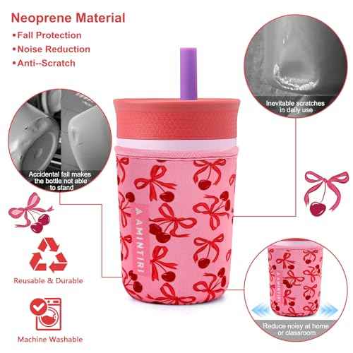 Cute Sleeve for Owala Kids 12oz and Zak Cup 15oz, Neoprene Cover Compatible with Owala Kids Tumbler, Zak Cup, Water Bottle Scratch Resistant Sleeve for Boys Girls to School (Bow&Cherry)