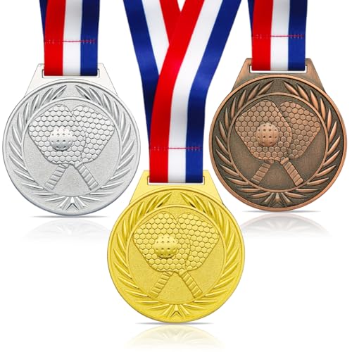 3 Pcs Pickleball Medals Set - Gold, Silver, Bronze Metal Awards with Ribbons