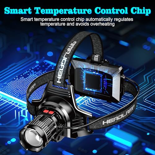 K KERNOWO LED Headlamp Rechargeable, Super Bright Head Lamp, Headlamp with Red Warning Lights, Head Lights for Forehead, Waterproof & Zoomable, 90¡Æ Adjustable Headlamps for Camping Hiking Car Repair