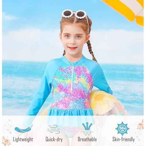 RAISEVERN 1-7 Years Girls Rashguard Swimsuit Long Sleeve One Piece Zipper Bathing Suits with Ruffle Butt