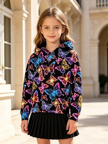 Girls Neon Butterfly Graphic Hoodie, Long Sleeve Hooded Sweatshirt 9-12 Years