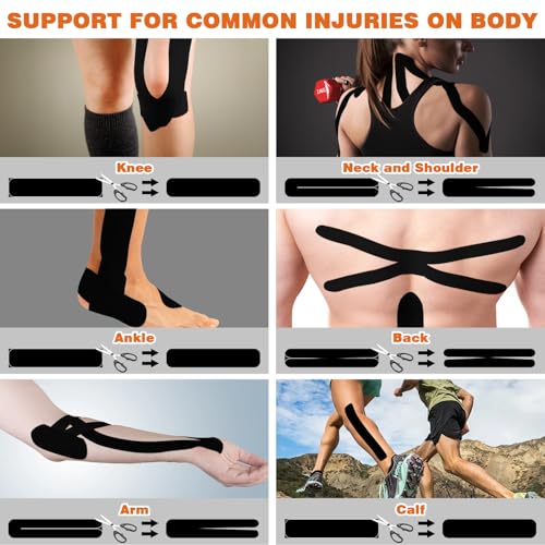 Kinesiology Tape for Knees & Shoulder -2 Rolls Elastic Athletic Sports Tape for Knee Pain Relief, Muscle Strain Relief, Joint Support & Plantar Fasciitis, Waterproof, Breathable & Zero Latex, Black