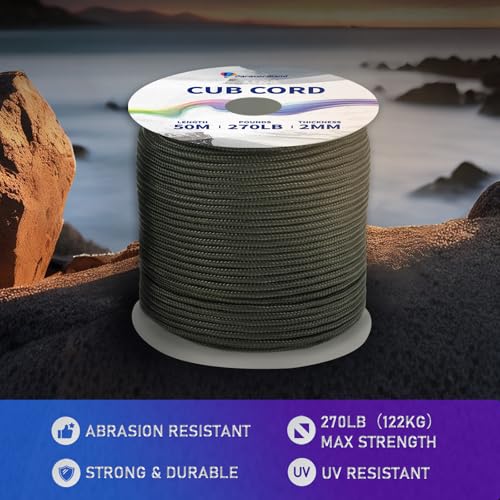 Micro Paracord Rope 50ft 2mm 270LB Survival Cord for Camping DIY & Outdoor Use - Army Green
