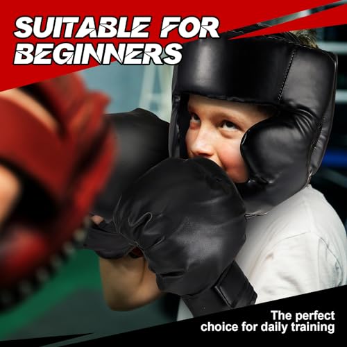 Kids Boxing Gear Set with Helmet Gloves Hand Wraps - Black & Red