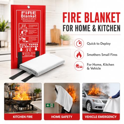 Emergency Fire Blanket 4 x 4 ft - Fiberglass Flame-Resistant Home Safety