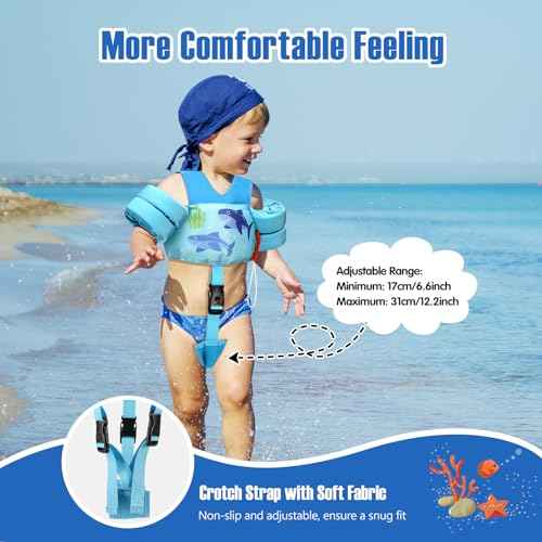 MoKo 13-20-30lbs Toddler Floaties Arm Floaties, Toddler Swim Vest Cartoon Swim Arm Band for Kids with Crotch Strap Pool Float Vests Sleeves Shoulder Straps Learn to Swim, Lignt Blue & Double Shark