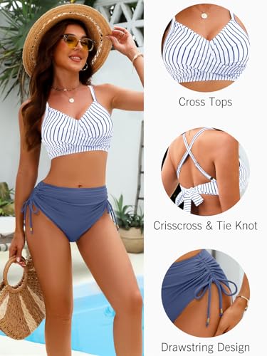 Women's High Waisted Bikini Sets Stripe Blue Large Tummy Control Swimsuit with Drawstring & Crisscross Tie Back
