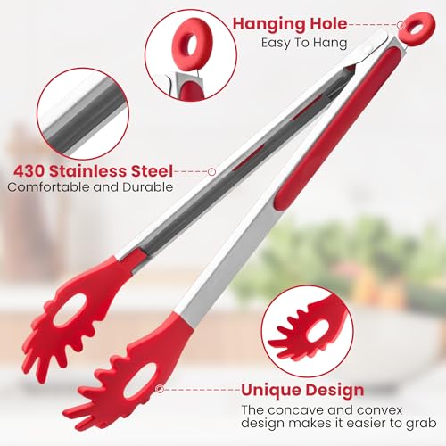 Heat-Resistant Pasta Tongs Set 9 & 12 Inches with Silicone Heads - Red
