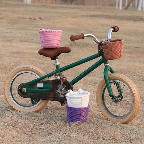 Kids Bike Basket Front, Little Girls Bicycle Small Baskets for Women Brown Mini Cute Round Wicker Woven Lass Basket for Boys
