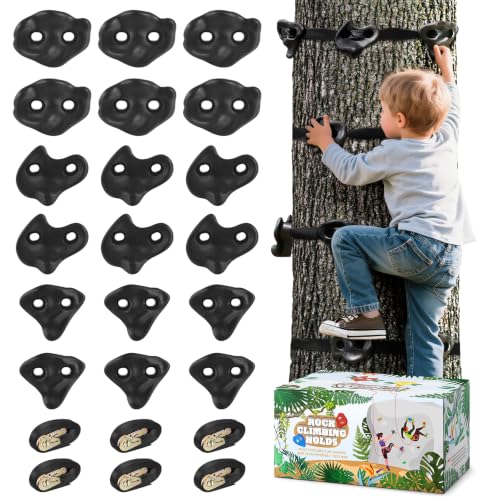 Black Tree Climbing Holds Set - 18 Pieces with 6 Ratchet Straps, Kids & Adults