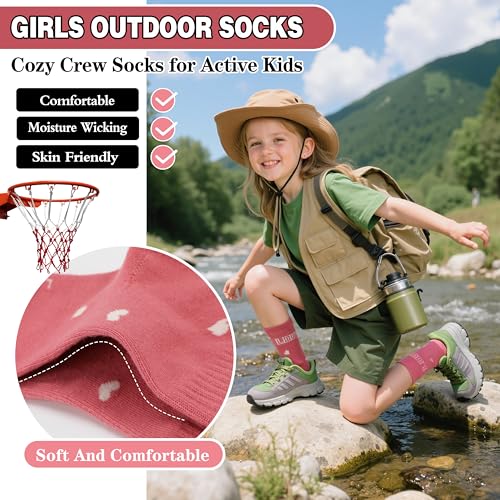 Kids Girls Socks 6 Pairs Athletic Sport Basketball Crew Breathable Cotton White Pink Heart 9-15 Years