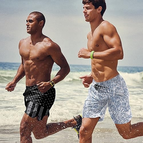 Men's Quick Dry Swim Trunks Bathing Suit - Deep Blue Palm Leaf, Medium