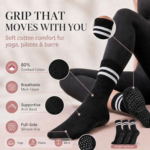 KONY Women's Cotton Pilates Grip Socks - Yoga & Barre Crew Socks, Black, 3 Pairs