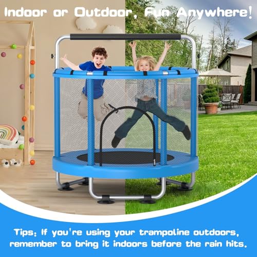 55" Trampoline for Kids with Enclosure, 440lbs Capacity Indoor & Outdoor Toddler Trampoline with Adjustable Gymnastics Bar & Toys, for Boys & Girls