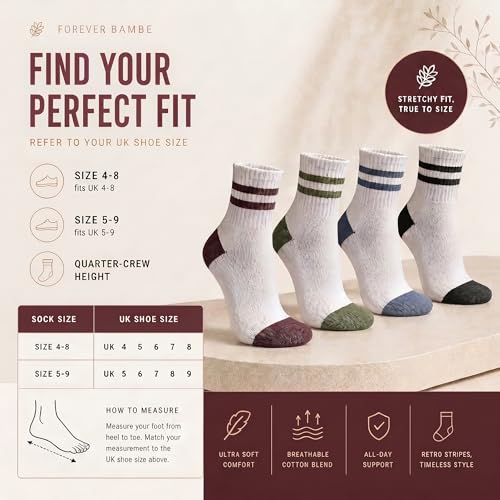 Forever Bambe Mini Crew Socks for Women 4-Pack Pastels Cushioned Bottom Retro Striped Athletic Socks - Short Calf Style