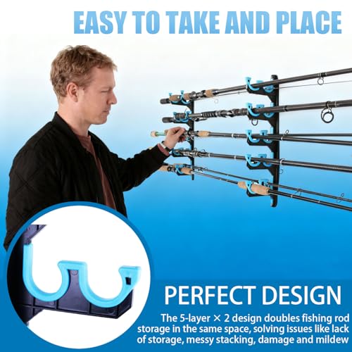 Fishing Rod Holders for Garage Wall & Ceiling Storage - Holds 10 Rods with Soft Pads - 1 Pack