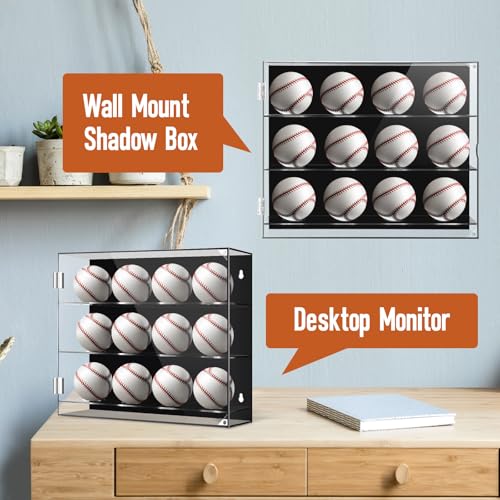 Wall Mount Baseball Display Case 3 Tiers for 12 Balls Acrylic Collection Stand