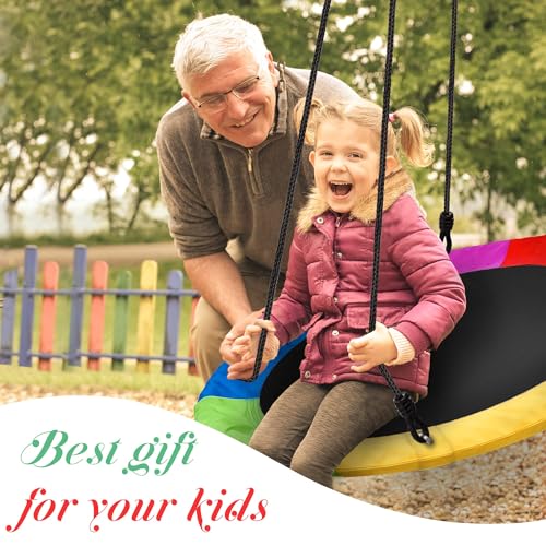Rainbow Color 40 Inch Saucer Tree Swing Flying Seat - 600lb Capacity, Adjustable Ropes