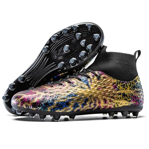 Unisex Soccer Cleats High-Top Training Football Shoes Black Gold 10 Women / 8.5 Men