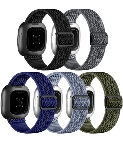 Stretchy Nylon Watch Bands for Fitbit Versa 3/4, Sense & Sense 2 - Navy Blue, Army Green, Blue Gray, Black Gray, Black - Adjustable Strap for Women Men