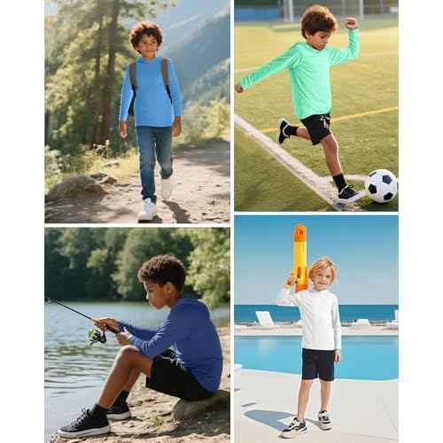 Boys' UPF 50+ Rash Guard Long Sleeve, Youth Kids UV Sun Protection SPF Swim Hoodie, Girls Water Fishing Beach Hooded Shirt