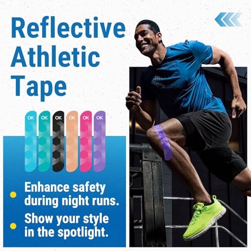 OK TAPE Synthetic Kinesiology Tape, 20 Strips Precut K Tape, Waterproof, Elastic Athletic Tape for Pain Relief & Muscle Support, Reflective Design, 2" x 10" -Purple