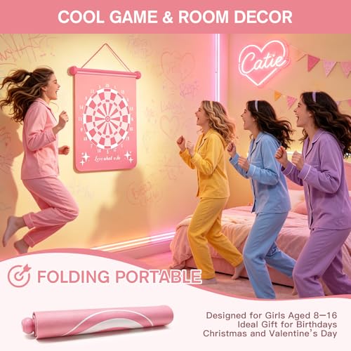 Pink Magnetic Dart Board for Teen Girls - Outdoor Indoor Game with 12 Darts