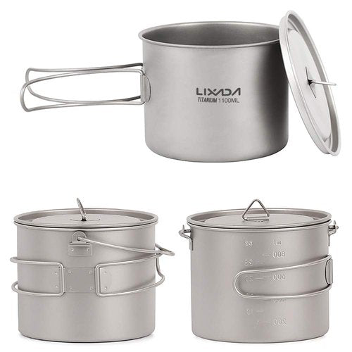 HUIOP Titanium Pot, 750ml/900ml/1100ml Ultralight Titanium Pot Water Mug Cup with Lid and Foldable Handle Outdoor Camping Cooking Picnic