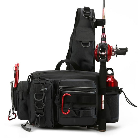 GGYCOB Fishing Tackle Storage Bag Fly Fishing Gear Pack Fishing Backpack for Men Sling Bag Shoulder Cross Body Fishing Bag with Rod Holder Hiking Waterproof Nylon (Black)