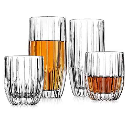 Godinger Drinking Glasses Set - 8pc Barware Set, Highball & Whiskey Glasses - 4 Highballs (12oz) and 4 Whiskey Glasses (10oz)