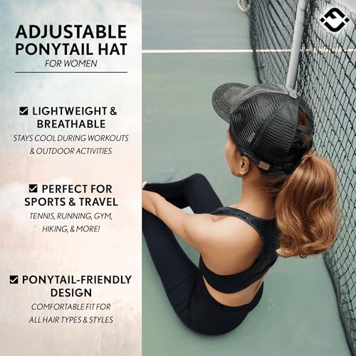Funky Junque Ponytail Hat for Women - Baseball Cap with Adjustable Fit & High Pony Tail Criss Cross Back for Everyday Wear