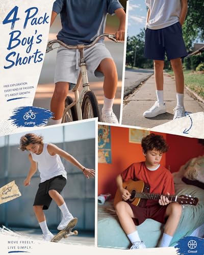 Boys Athletic Shorts 4 Pack - Casual Sweat Shorts for Kids