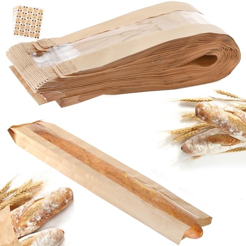 100 Pack Baguette Kraft Bags with Clear Window and Seal Stickers - 23x4x1.6 Inches