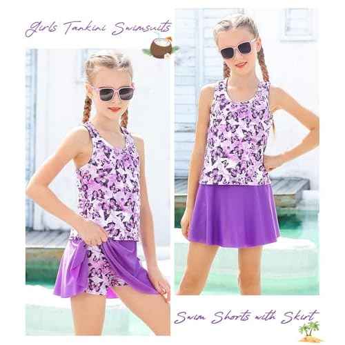 Vogseek 7-12T Girls 2-Piece Bathing Suit Sleeveless Swimsuit Tankini Sets with Shorts Skirt Swimwear