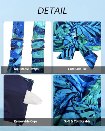 Yonique Womens Blouson Tankini Swim Top - Loose Fit Strappy Bathing Suit, Medium Blue Leaves