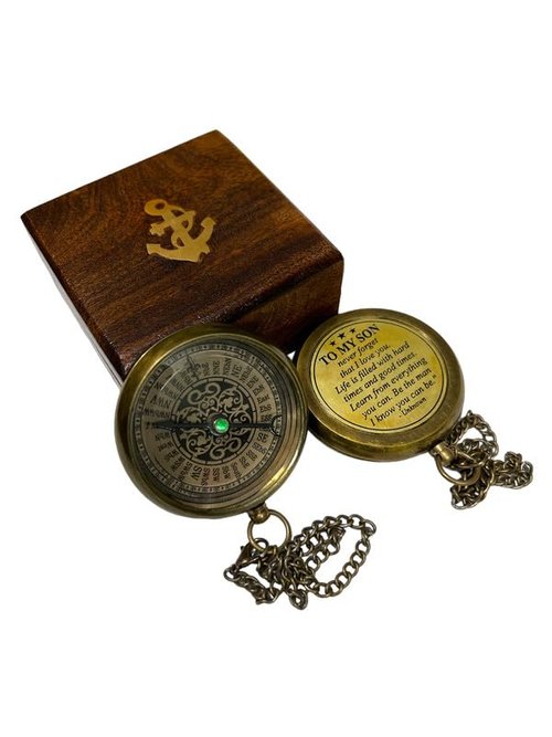 Handmade Brass Engraved Compass on Chain with Wooden Box, Vintage Style Nautical Compass with Intricate Engraving, 2.25 Inches in Diameter
